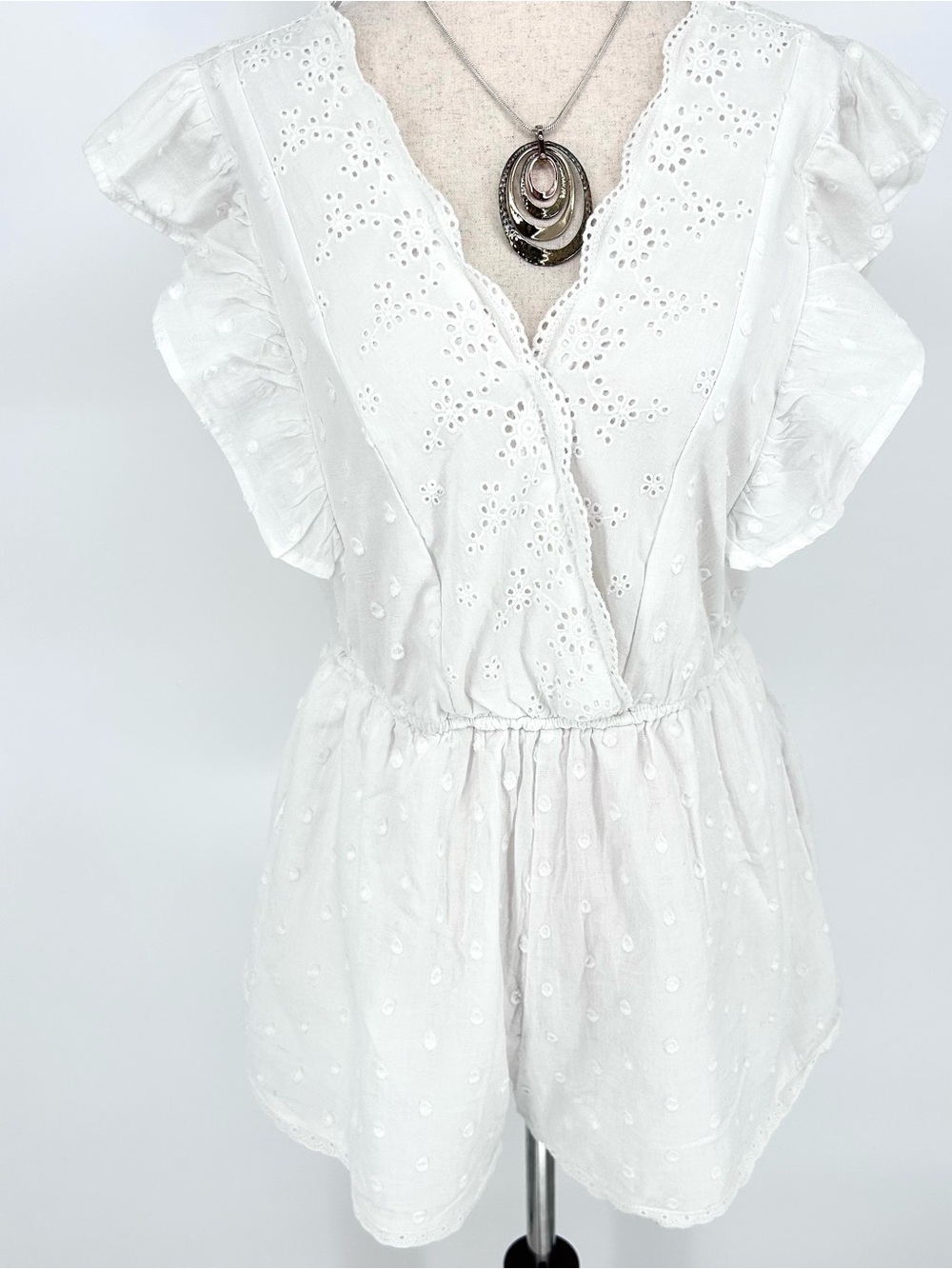 White Eyelet Romper Ruffle Sleeve Cottagecore Boho Coquette Summer Playsuit